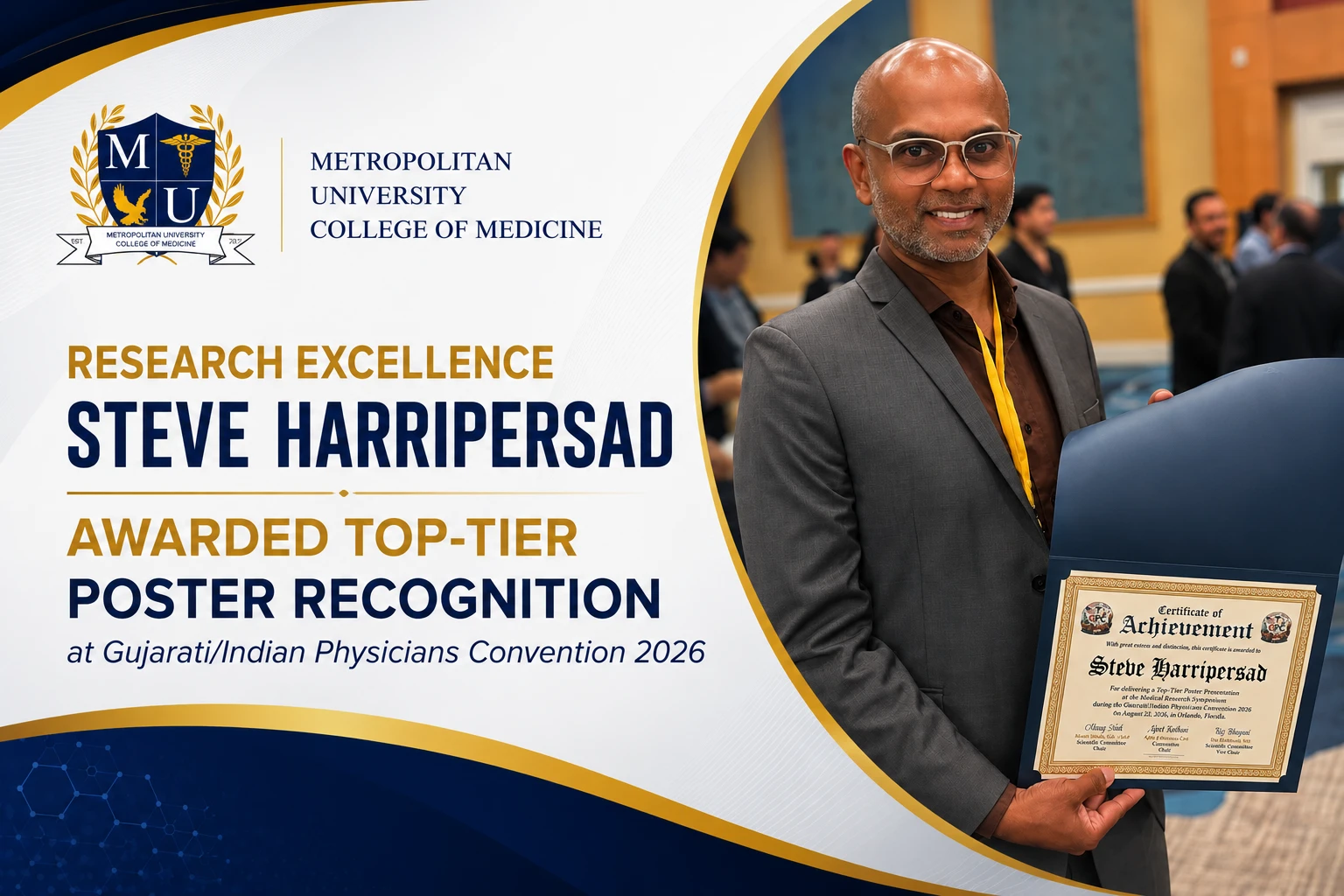 MUCM Antiguas Steve Harripersad Awarded Top Tier Poster Recognition At Gujarati Indian Physicians Convention 2026